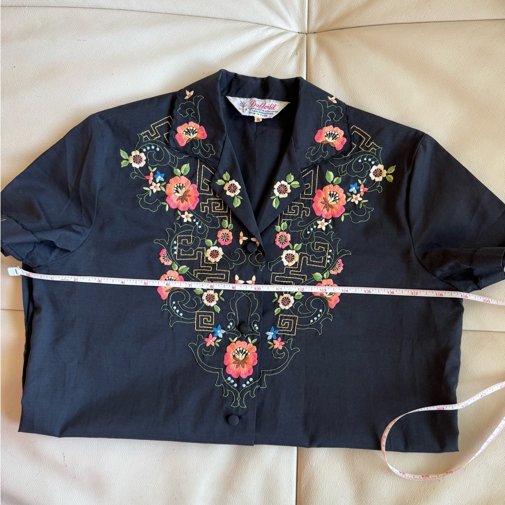 Women’s Vintage Floral Embroidered Black Button- Front Top by Daffodil - Picture 10 of 12